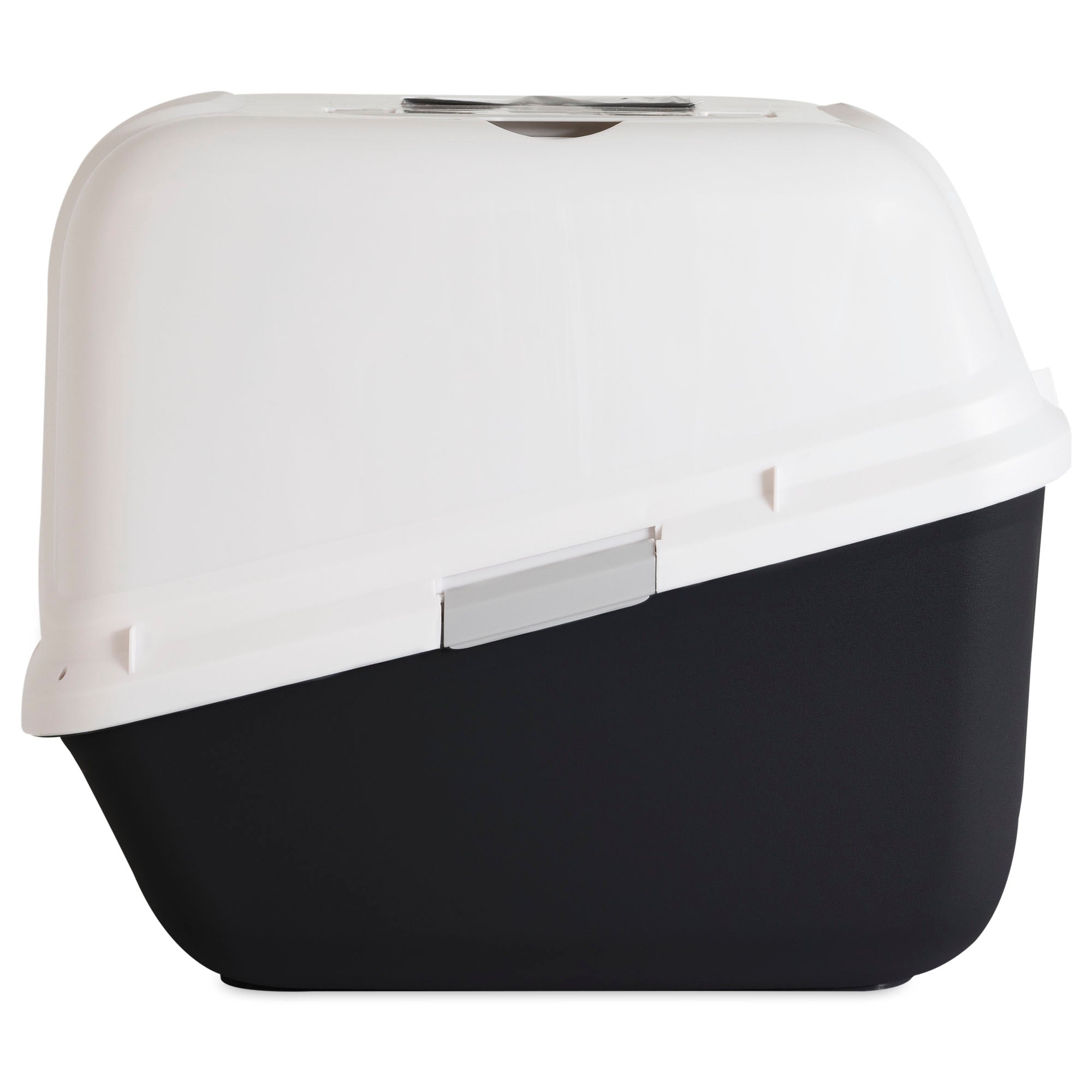 The Arm & Hammer Large Hooded Litter Pan by Arm And Hammer is a stylish black-bottom and white-top design with a hinged lid. It features a handle for easy cleaning and includes antimicrobial protection for enhanced hygiene.