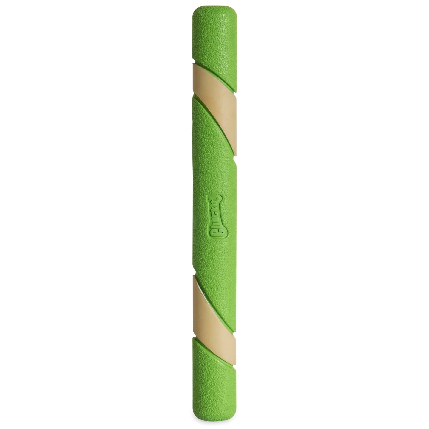 The Chuckit Max Glow Ultra Fetch Stick by Chuckit is a green cylindrical dog toy with two beige spiral wraps for grip. Its rough texture suits active play, and an embossed logo adds style, ensuring fun and durability in every toss!.