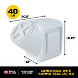 The Vittles Vault Outback Stackable is a white, BPA-free pet food container with dimensions of 20.5 W x 16.75 H x 12 D, holding up to 40 lbs. It features Gamma Seal Technology for airtight storage and is proudly made in the USA, keeping your pets food fresh and safe.