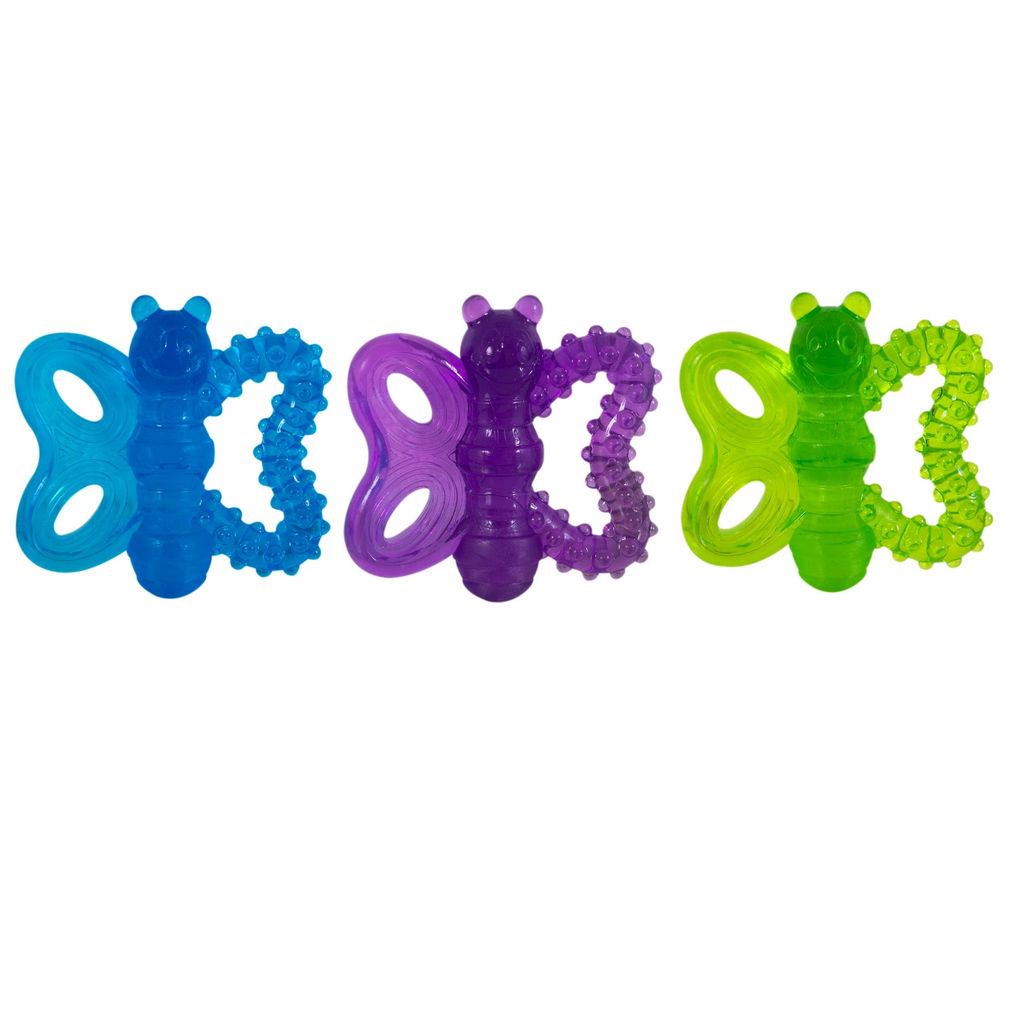 The JW Butterfly Puppy Teether Chew Toy by Jw provides teething relief with textured wings and a ribbed body in blue, purple, and green. These delightful chew toys for soothing babies are displayed evenly on a plain white background.