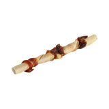 The Wild Eats Twisted Cheek Wrapped With Meat is a tasty dog treat by Wild Eats, featuring a long rawhide chew wrapped with flavorful water buffalo jerky pieces. This delightful treat, isolated on a white background, promises pure canine enjoyment.