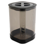 A transparent hexagonal plastic container with a black lid and cross-shaped opening, branded vertically with OAMA2. It mirrors the sleek design of the Vittles Vault Little Vittles Storage Container, ideal for efficient pet treat storage.