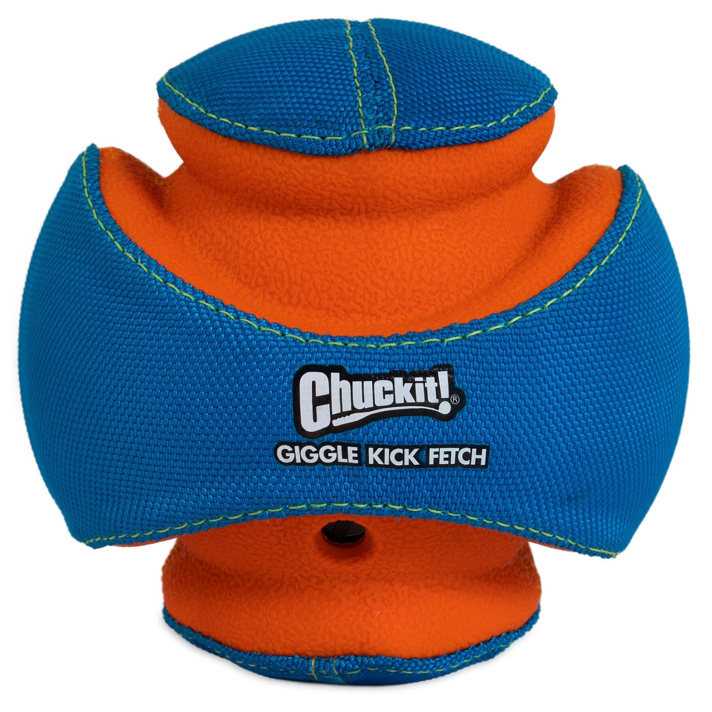 The Chuckit Giggle Kick Fetch is a blue and orange dog toy by the brand Chuckit, featuring textured surfaces and curved sections to entertain your pup.