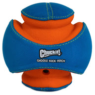 The Chuckit Giggle Kick Fetch is a blue and orange dog toy by the brand Chuckit, featuring textured surfaces and curved sections to entertain your pup.