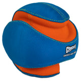 The Chuckit! Giggle Kick Fetch, a vibrant ball with textured blue and orange fabric and wavy edges, captivates pups. Its irregular shape promises playful fun, and the visible Chuckit logo assures quality.