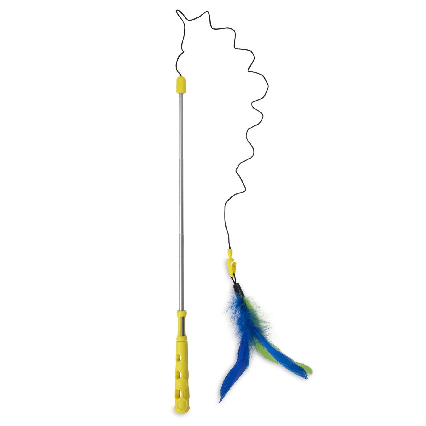 The JW Flutter-ee Feathers Telescopic Cat Wand by JW features a yellow handle, a telescopic design, and flexible wire with blue and green feather attachments at the end.