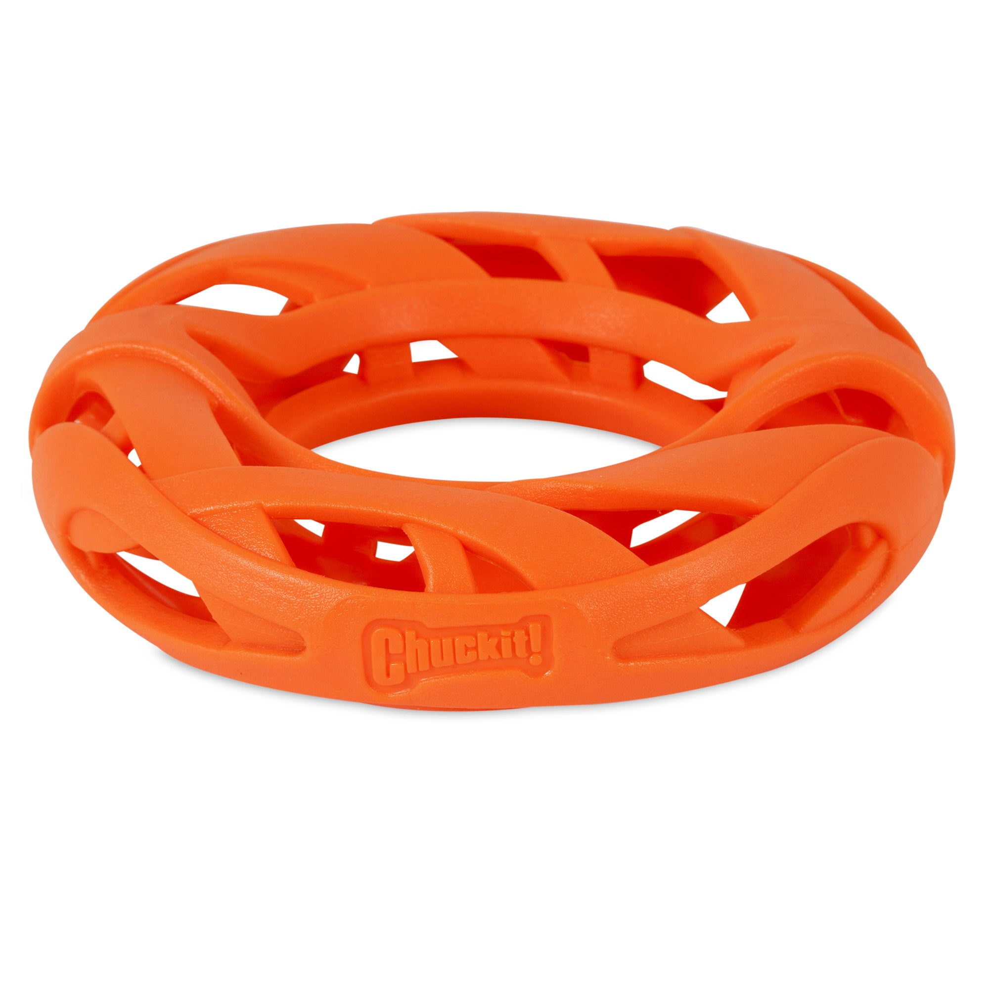 The Chuckit! Air Fetch Wheel Dog Toy is an orange, ring-shaped toy with an open lattice design made from durable rubber. Its perfect for brachycephalic breeds to enjoy playful moments and features the Chuckit branding on the side.