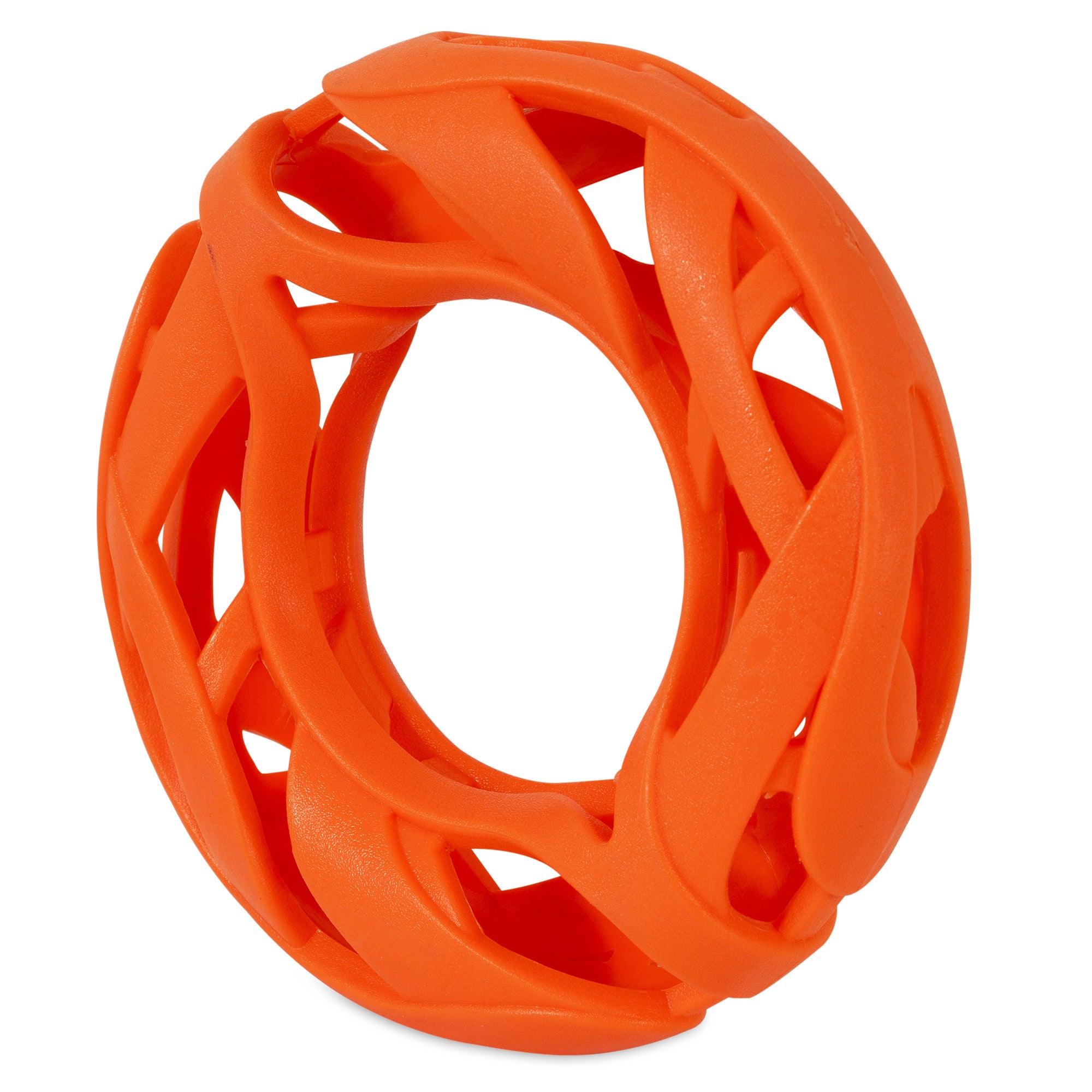The Chuckit! Air Fetch Wheel Dog Toy by Chuckit is a bright orange, hollow, circular toy made of durable rubber with an intricate twisted design, ideal for brachycephalic breeds. Its open weave-like structure enables easy gripping and chewing for playful pups.
