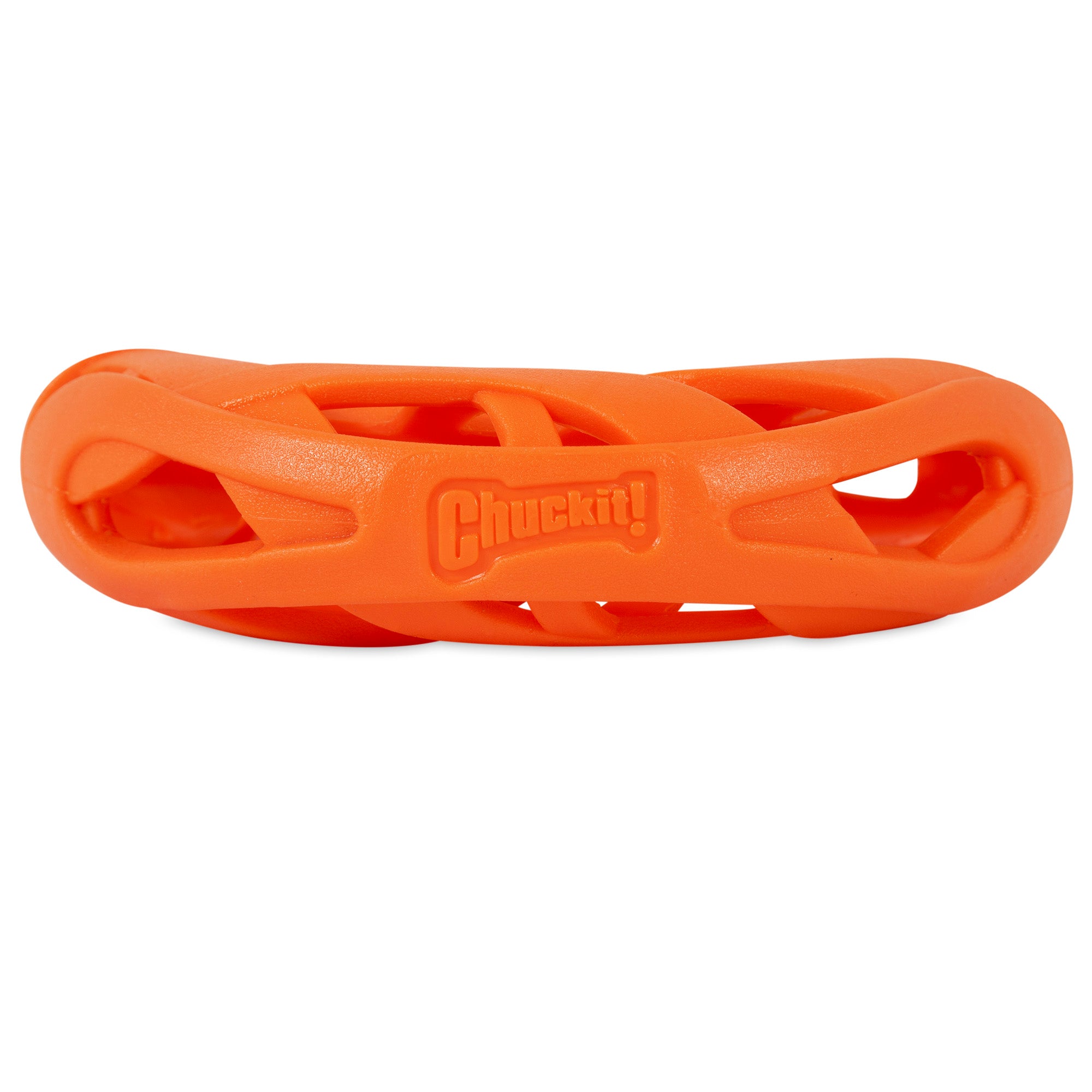 The Chuckit! Air Fetch Wheel Dog Toy is an orange, hollow, woven cylindrical fetch toy embossed with the Chuckit logo. Made from durable rubber, its ideal for active play and suitable for brachycephalic breeds.