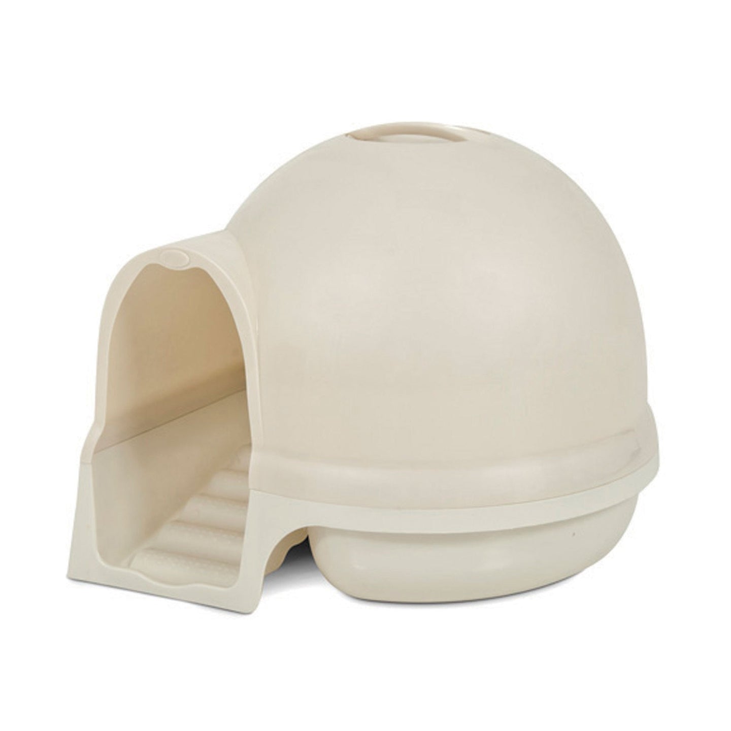 The Petmate Booda Cleanstep Litter Dome for Cats by Petmate is a beige, dome-shaped litter box with horizontal steps and an enclosed top opening. Its smooth design ensures ease of use while a charcoal filter minimizes odors.