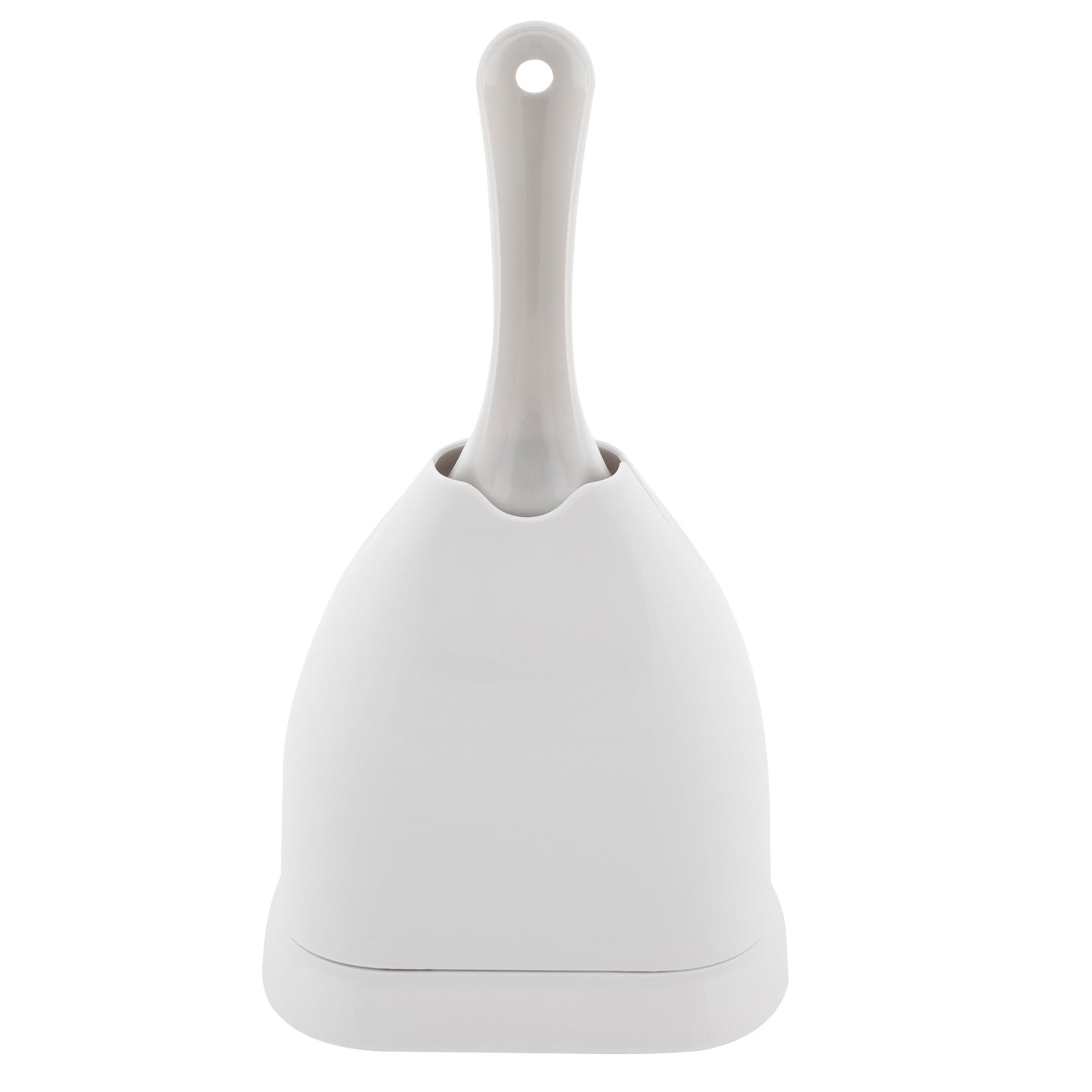 The Petmate Scoop N Hide Cat Litter Scoop features a sleek design with a long handle and stands upright in a matching dome-shaped holder, offering custom-designed storage that is both elegant and functional.
