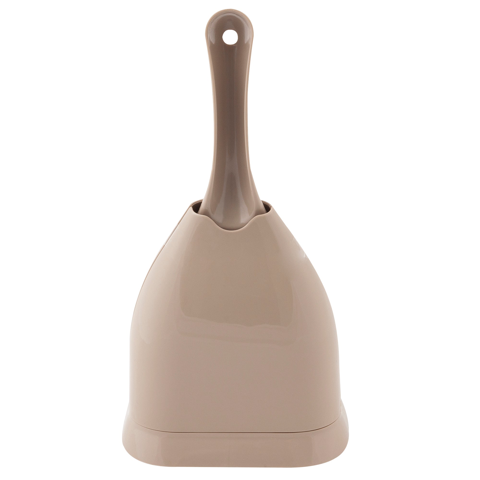 The Petmate Scoop N Hide, a light brown cat litter scoop with a rounded holder and handle designed for efficient storage, stands upright against a white background.
