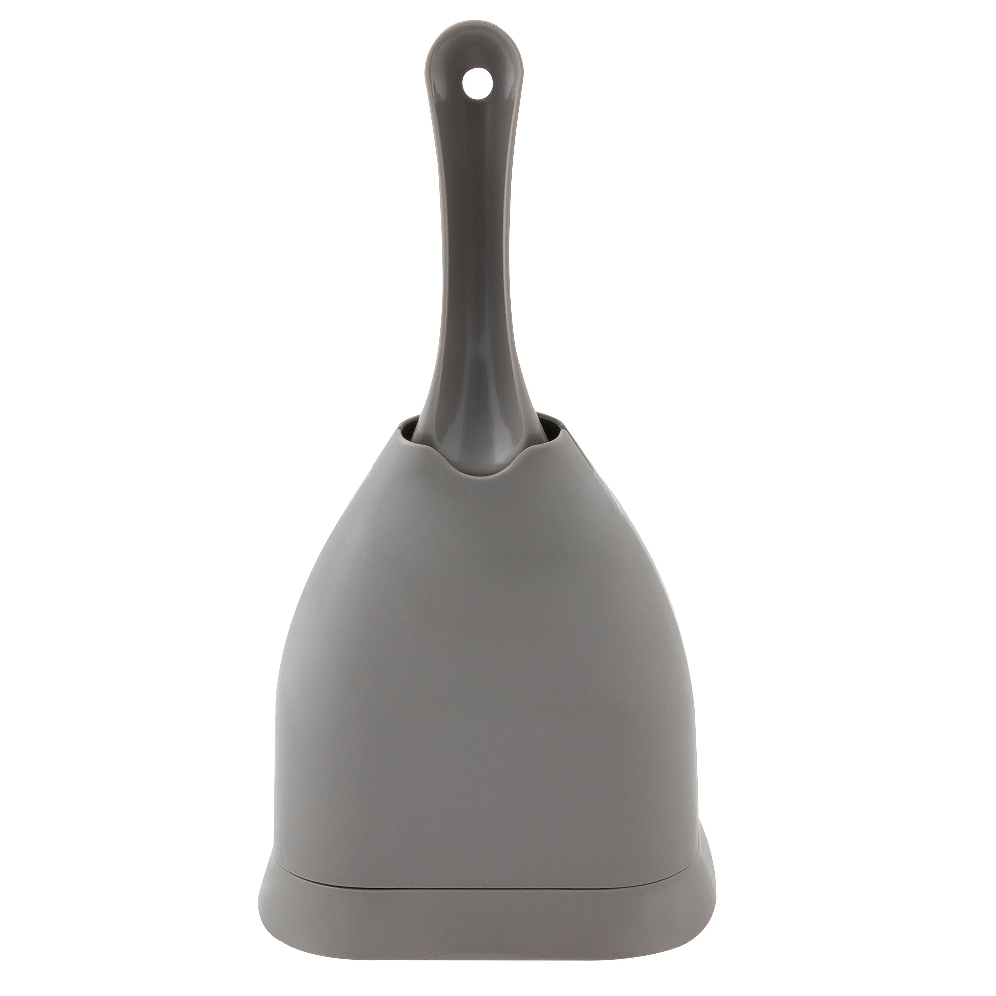 The Petmate Scoop N Hide, a gray litter scoop with a long handle, rests inside its matching holder, resembling a deep bucket scoop, standing upright against a white background.