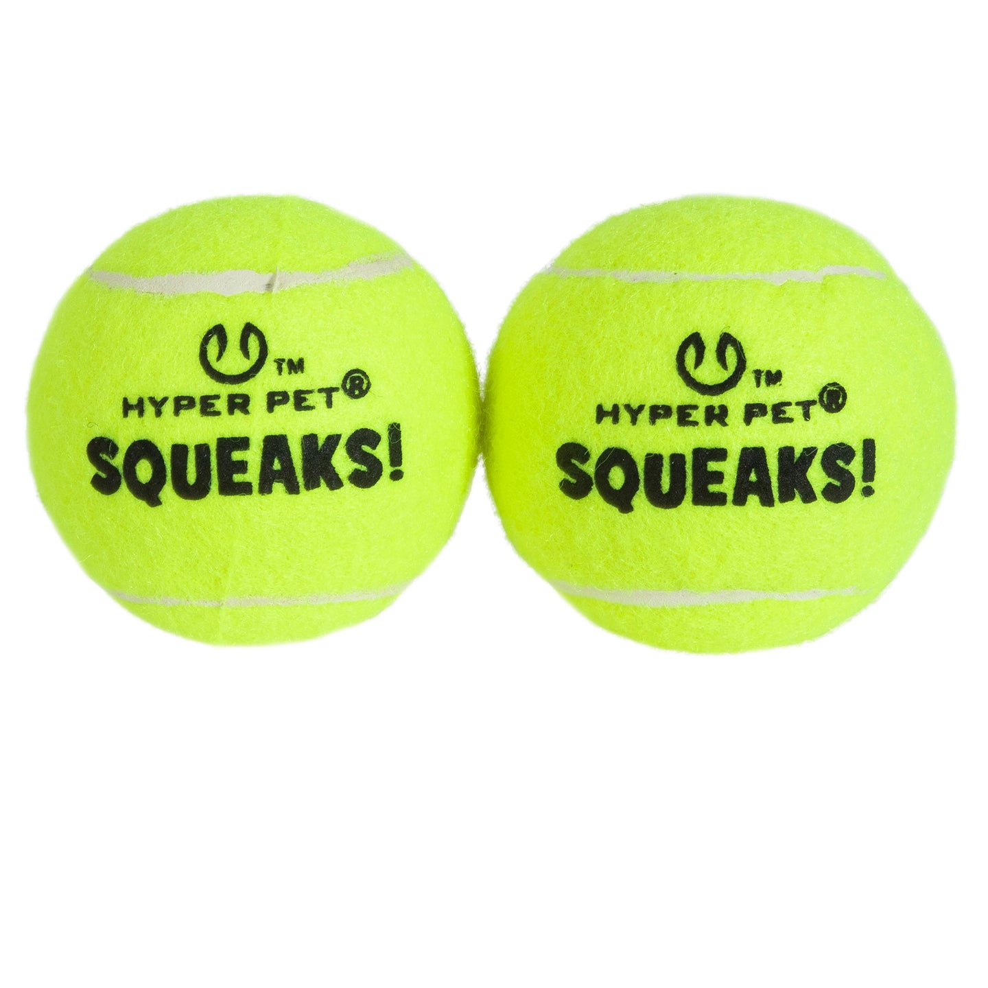 Two bright yellow Hyper Pet Squeaks! Tennis Balls, branded as Hyperpet, sit together featuring the logo above HYPER PET™ SQUEAKS! in black text. They are perfect for Hyper Dog Ball Launchers or enhancing playtime with their Tuff Squeaker design.