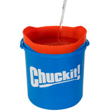 A blue Chuckit! Bucket With Ultra Balls, adorned with an orange rim and the Chuckit logo, is filled with water against a plain white background. This setup is perfect for soaking the balls in preparation for endless fetch fun.