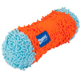 The Chuckit! Indoor Tumble Bumper by Chuckit is a cylindrical dog toy with an orange body and light blue ends, made from fuzzy, textured fabric. It features Bounceflex Core Technology and a blue label with white text on the orange section.