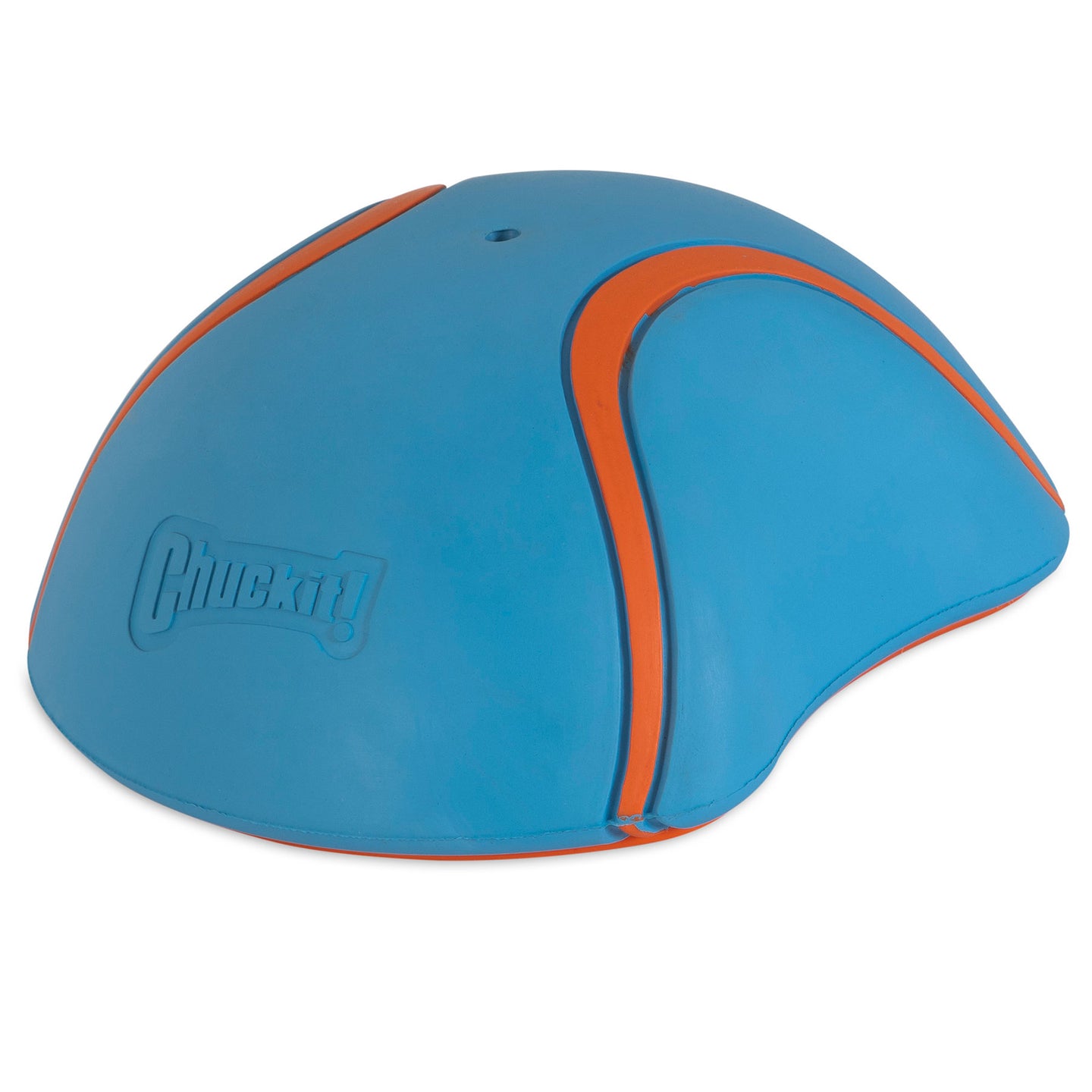 The Chuckit! Indoor Super Slider Dog Toy, featuring aerodynamic grooves and the brand name embossed on the side, is perfect for active play in blue and orange.