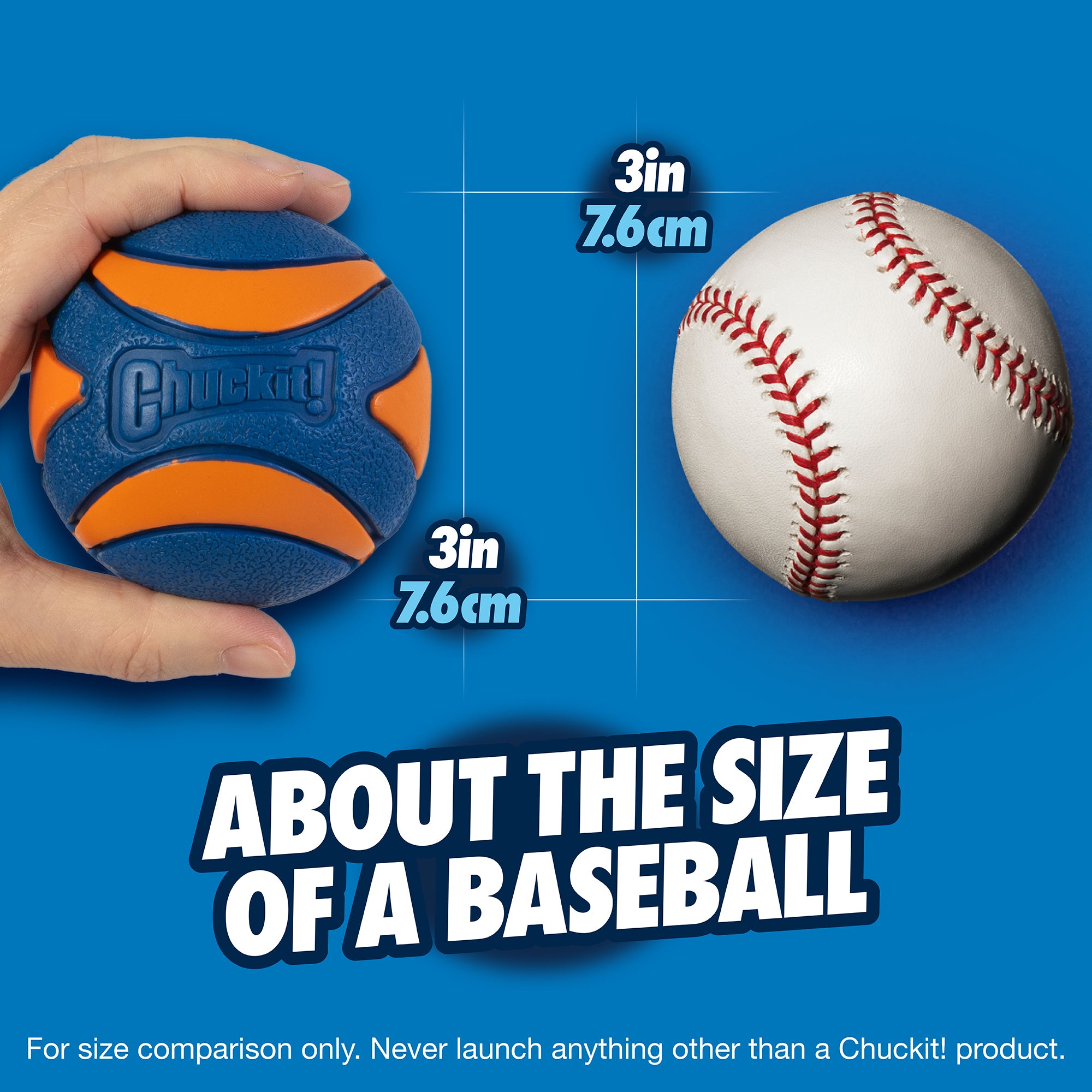 A hand displays a durable Chuckit! Ultra Squeaker Ball next to a classic white baseball with red stitching. Both balls, approximately 3 inches (7.6 cm) in diameter, feature a buoyant design ideal for play. Text reads: About the size of a baseball.