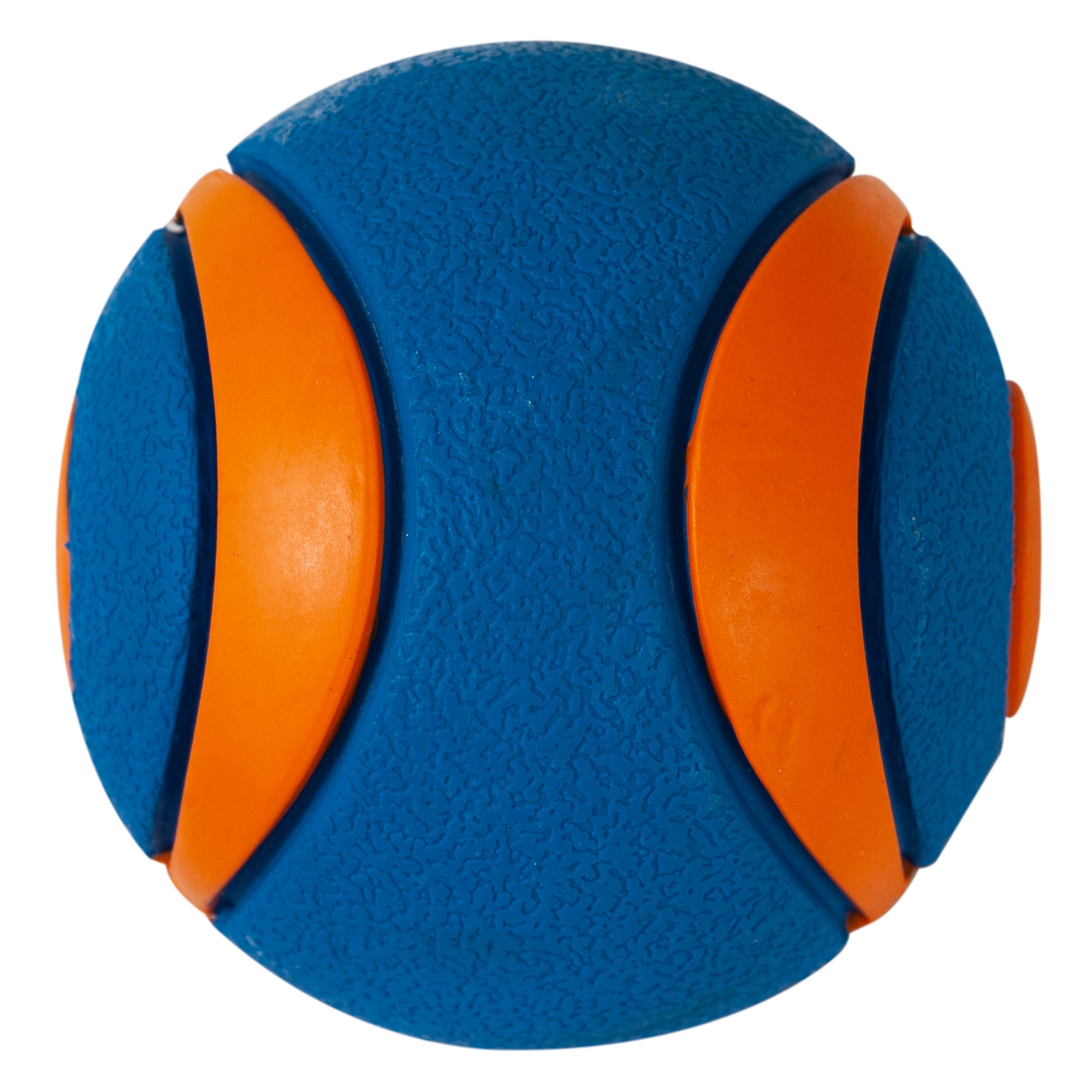 The Chuckit! Ultra Squeaker Ball by Chuckit is a textured blue rubber dog toy ball featuring three smooth orange segments with intersecting lines, ensuring durability and longevity for playful pets.