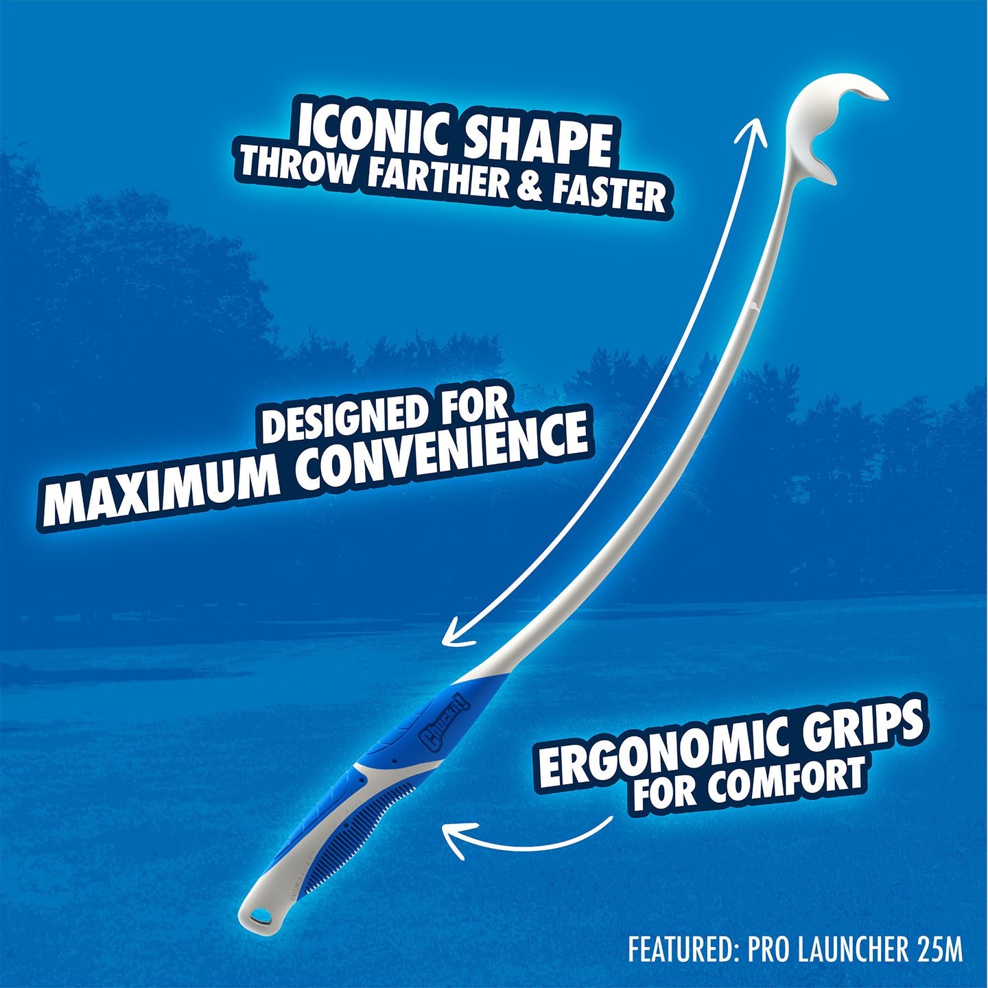 A Chuckit! Classic Dog Ball Launcher in blue and white, featuring ergonomic grips for comfort, is set against a blue background. It boasts an iconic shape for farther throws, hands-free pickup convenience, and incorporates the Pro Launcher 25M design.