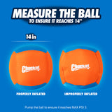 An instructional image features the Chuckit Big Air Fetch & Herding Ball Dog Toy. The properly inflated, round canvas ball on the left contrasts with a misshapen improperly inflated one on the right. A headline advises ensuring it reaches 14 inches in diameter, ideal for herding instincts or fetch play!.