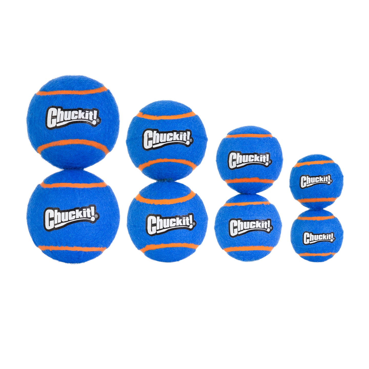 Seven Chuckit! Squeaker Tennis Balls, with blue and orange designs, are perfectly lined up against a white background for a game of fetch.