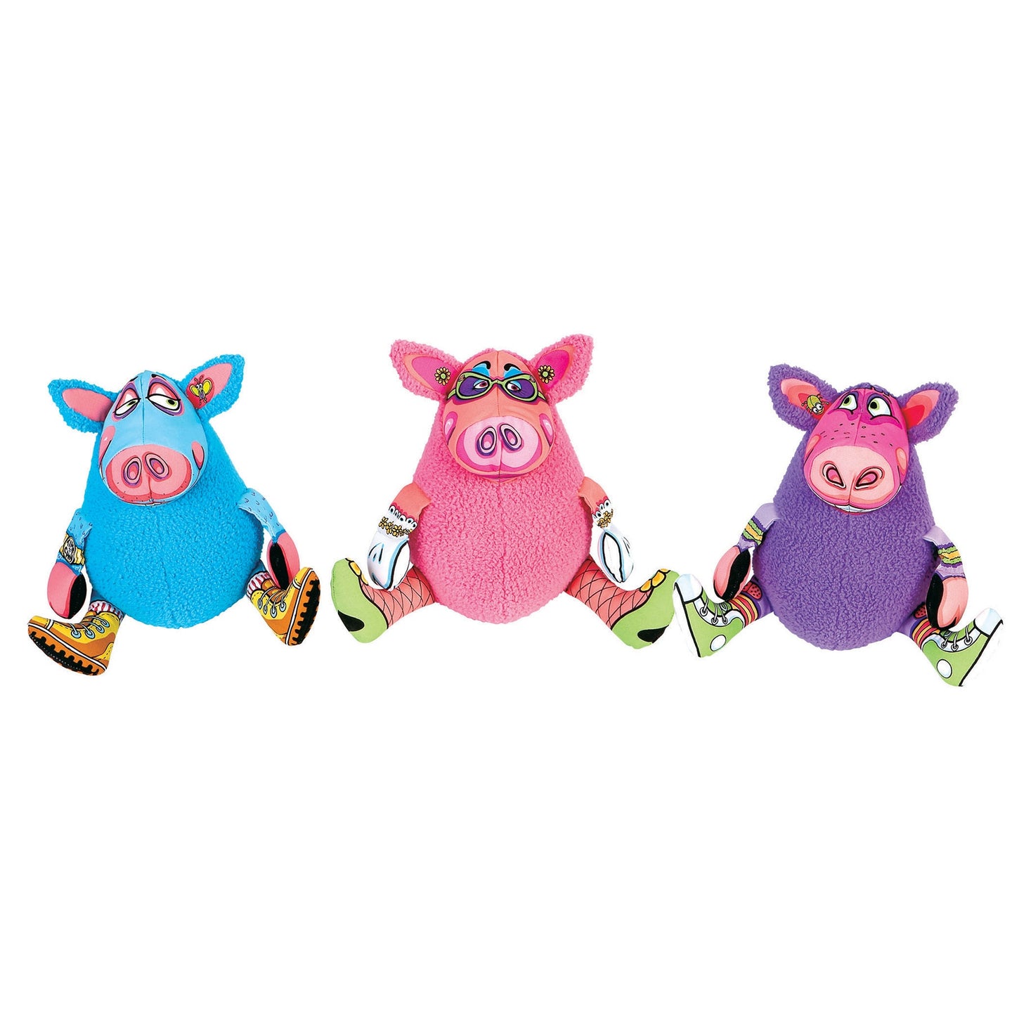 Three vibrant FAT CAT Gruntleys Mini Dog Toys by Fatcat in blue, pink, and purple feature colorful glasses and unique shoe designs in yellow, green, and multicolored patterns. They sit with stretched legs and include a playful pork-like sound device.