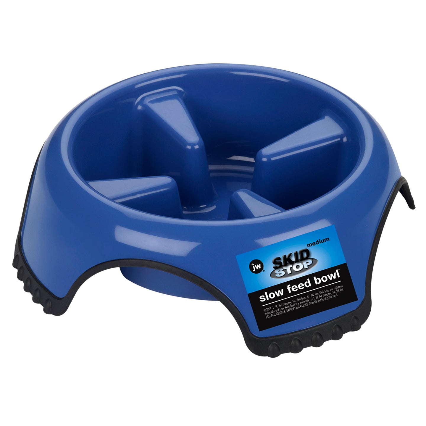 The JW Skid Stop Slow Feed Bowl by Jw is a medium-sized, blue plastic dog bowl with skid-resistant features and four raised sections, designed to slow down fast eaters.