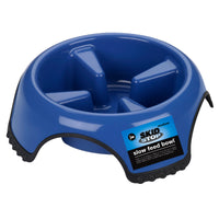 The JW Skid Stop Slow Feed Bowl by Jw is a medium-sized, blue plastic dog bowl with skid-resistant features and four raised sections, designed to slow down fast eaters.