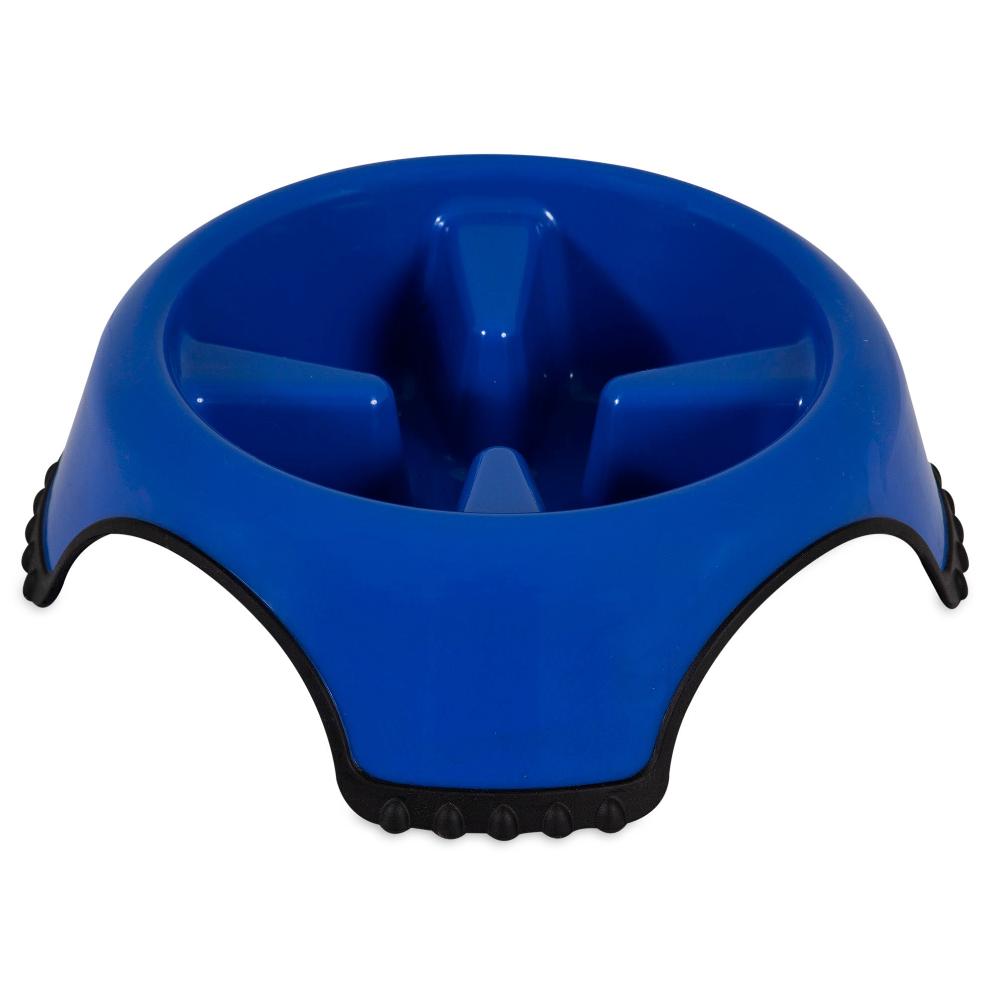 The JW Skid Stop Slow Feed Bowl by Jw is a blue plastic bowl with non-slip rubber grips, designed for fast-eating dogs. It features raised sections for a puzzle-like eating experience, ensuring meals at a healthier pace while preventing skidding.