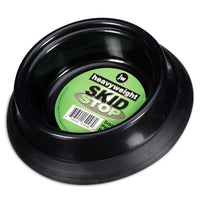 The JW Skid Stop Heavyweight Bowl by Jw is a black plastic pet bowl with a wide base to prevent slipping, labeled SKID STOP on a green tag.