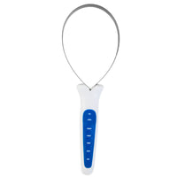 The JW Gripsoft Shedding Blade by Jw is an ergonomic grooming tool with a white handle and blue grip section featuring a loop of metal wire, ideal for shedding.