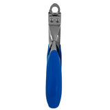 Close-up of the JW Gripsoft Pet Nail Trimmer by Jw in blue and silver, showcasing an ergonomic guillotine-style design with a rounded cutting edge and two rubber-coated handles, vertically oriented to face the camera.