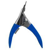 The JW Gripsoft Pet Nail Trimmer by Jw features a silver metal guillotine-style design with blue ergonomic handles, ideal for precision in cutting small items or grooming tasks.