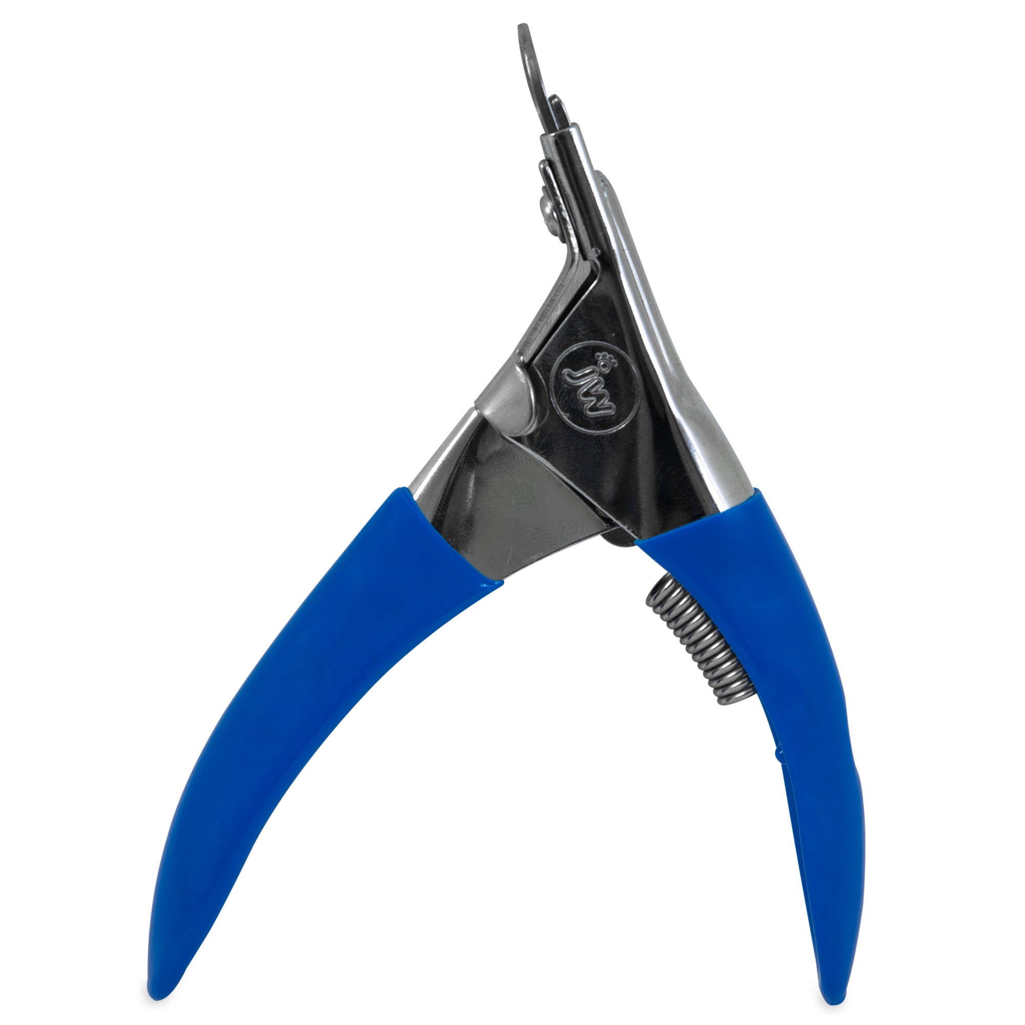 The JW Gripsoft Pet Nail Trimmer by JW features a blue ergonomic handle and guillotine-style metal blade for precise trimming. It includes a spring mechanism for ease of use and provides a comfortable grip.
