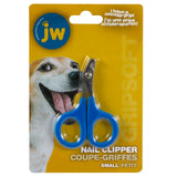 The image features a package of JW Gripsoft Small Nail Clipper, highlighting the innovative Gripsoft Technology. The yellow packaging with blue and white text and a happy dog contains small clippers with blue handles, ideal for pet grooming. Brand: JW.