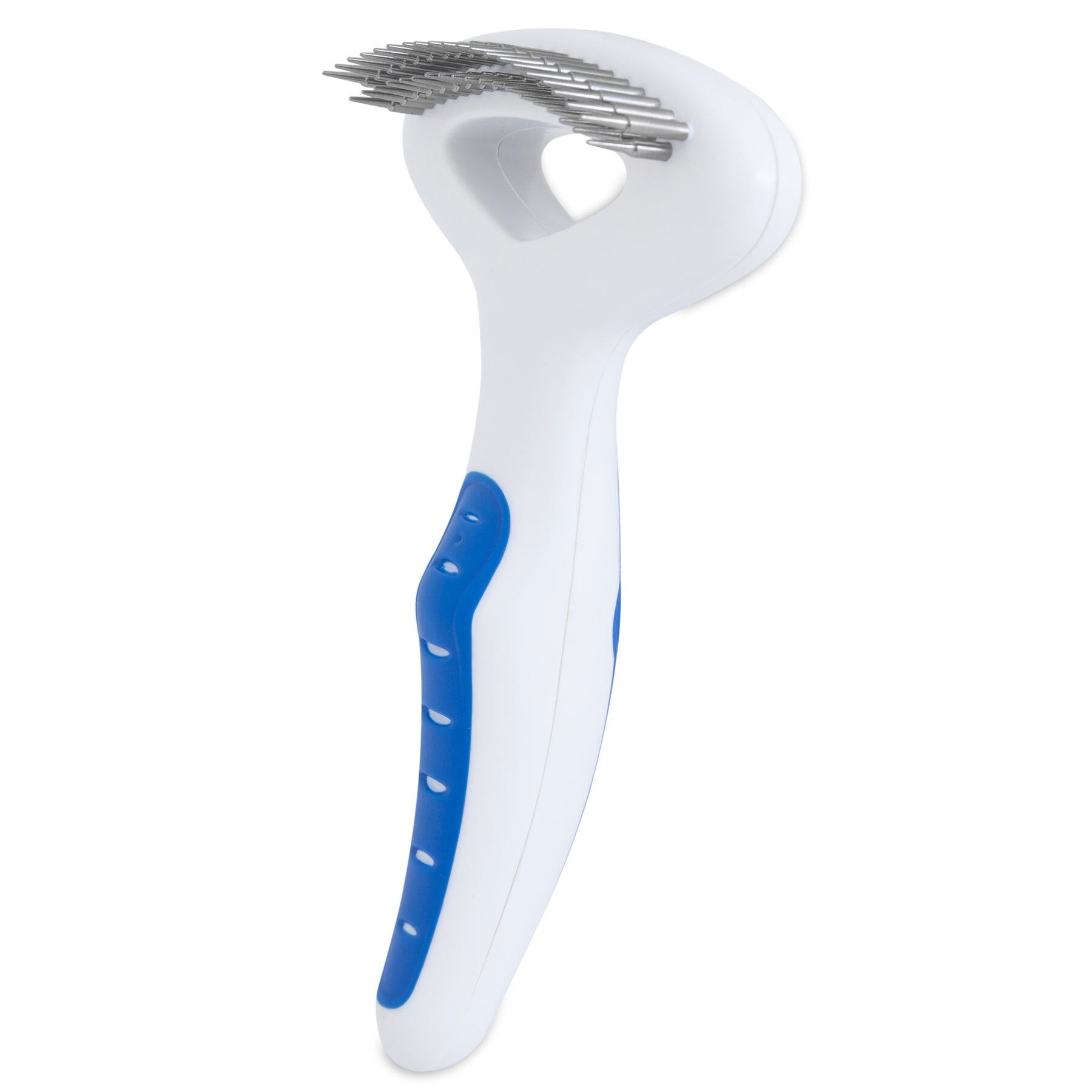 The JW Gripsoft Double Row Undercoat Rake by Jw is a white pet grooming tool with an ergonomic handle and blue grip accents, featuring multiple metal bristles ideal for detangling, shedding removal, and efficient undercoat care.