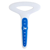 The JW Gripsoft Double Row Undercoat Rake, with its T-shape, white and blue design, features a textured grip handle marked with JW. It includes an ergonomically correct handle and a hole at the top, ideal for chewing and playing.