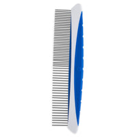 The JW Gripsoft Fine & Coarse Comfort Comb by Jw features a sleek white and blue ergonomic design with a non-slip handle. It includes tightly-spaced stainless steel teeth on one side and wider-spaced plastic teeth on the other for efficient dog grooming.