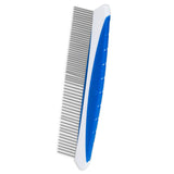 The JW Gripsoft Fine & Coarse Comfort Comb by Jw features durable stainless steel teeth and a blue plastic handle with a non-slip grip, perfect for efficiently removing loose fur and tangles from your pet.