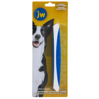 In its packaging, the JW Gripsoft Fine & Coarse Comfort Comb features a blue handle and stainless steel teeth for versatile grooming. It includes a joyful black and white dog image, product details in English and French, and a non-slip comfort grip for easy handling.