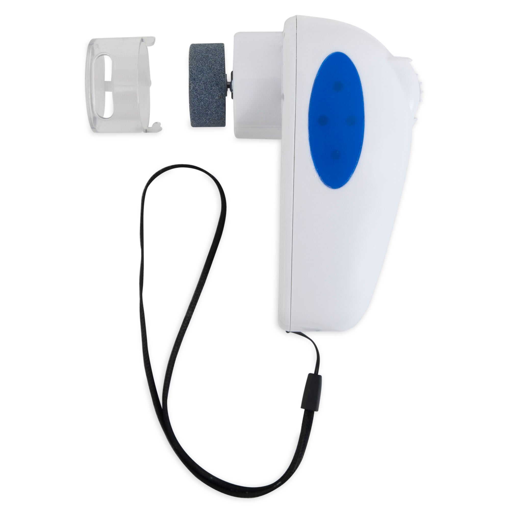 The JW Gripsoft Palm Nail Grinder for Pets, featuring a white and blue body, coarse roller head, detachable cap, and black wrist strap, serves as both an electric foot callus remover and a portable pet groomer for versatile convenience.