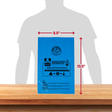 The Arm & Hammer Pantry Pack Waste Bags, 300 ct., by Arm and Hammer, features a blue bag with activated baking soda and printed instructions/icons. Highlighted by red arrows for clarity against a wooden backdrop, its dimensions are 8.5 W x 13.5 H shown in a vertical display.