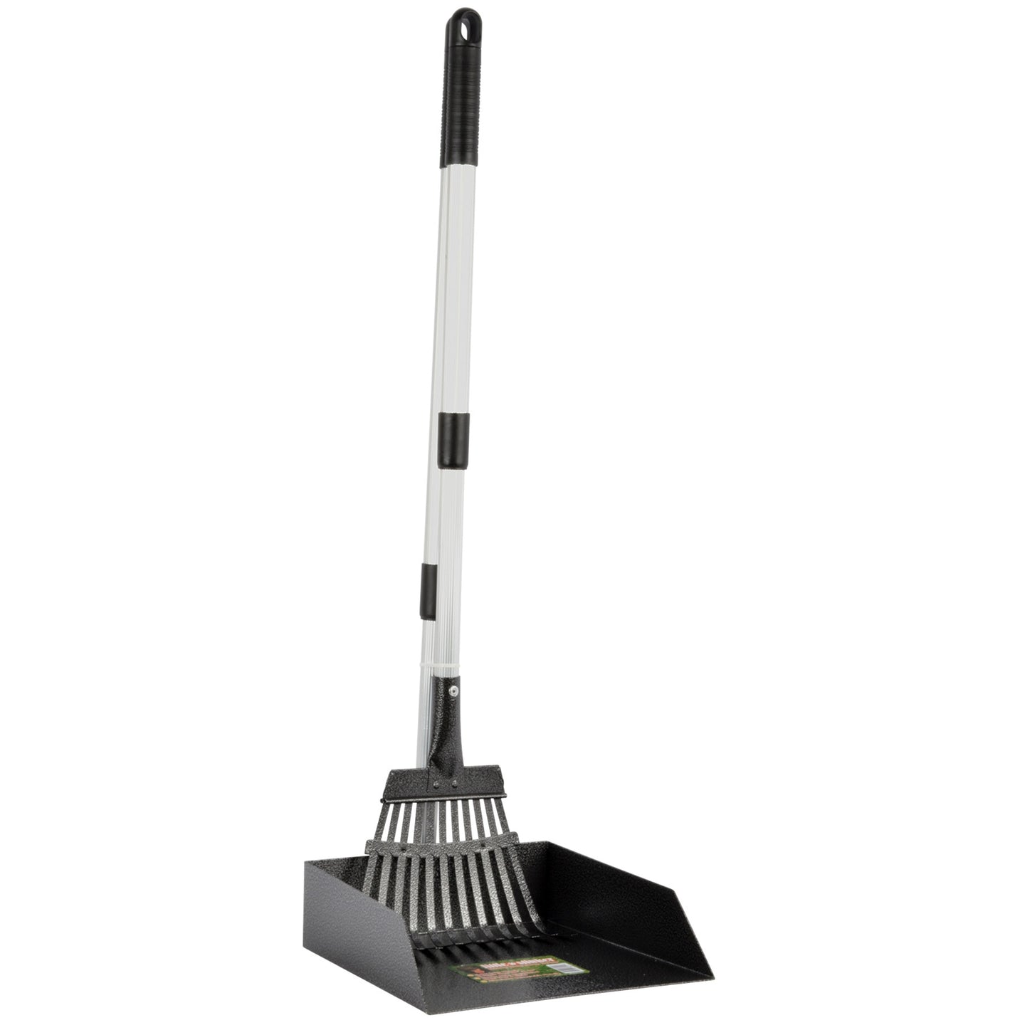 The Precision Pet Little Stinker Poop Scoop with Rake by Precision Pet Products is a black upright rake with a telescoping white handle and black grip. It features an integrated dustpan for easy waste removal, offering comfort and durability as the ideal heavy-duty pooper scooper for any yard.