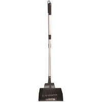 The Precision Pet Little Stinker Poop Scoop with Rake from Precision Pet Products features a metal shovel with a telescoping handle and wide, slotted scoop, designed for heavy-duty waste removal. The black grip at the top ensures efficiency in pooper scooper tasks.