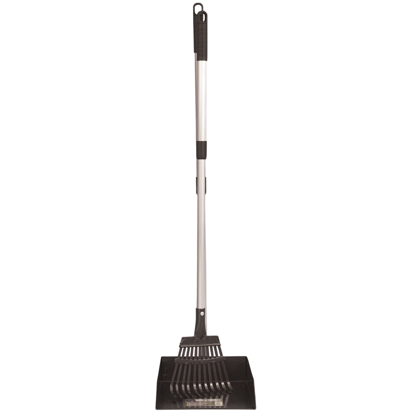 The Precision Pet Little Stinker Poop Scoop with Rake from Precision Pet Products features a metal shovel with a telescoping handle and wide, slotted scoop, designed for heavy-duty waste removal. The black grip at the top ensures efficiency in pooper scooper tasks.
