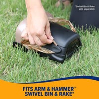 An individual uses Arm & Hammer Swivel Bin Pet Waste Bags with activated baking soda for collecting pet waste from a swivel bin on grass. Text at the bottom reads: Fits Arm & Hammer Swivel Bin & Rake; Swivel Bin & Rake are sold separately.