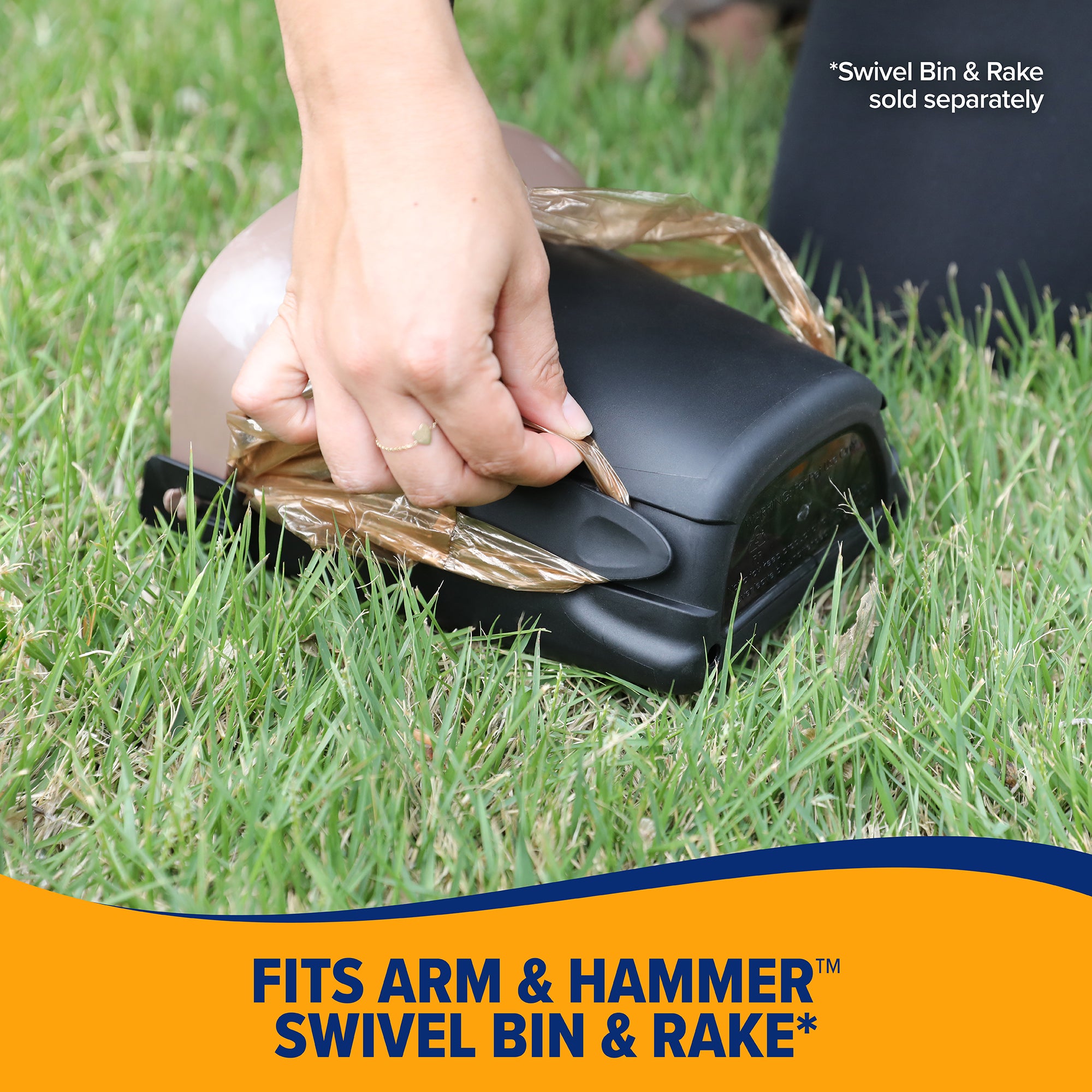 An individual uses Arm & Hammer Swivel Bin Pet Waste Bags with activated baking soda for collecting pet waste from a swivel bin on grass. Text at the bottom reads: Fits Arm & Hammer Swivel Bin & Rake; Swivel Bin & Rake are sold separately.