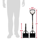 Two Arm & Hammer Claw Poop Scoopers, designed for efficient pet waste clean-up, are shown next to a silhouette for scale. One extends to 27 inches and the other is 13.5 inches tall, both with a handle width of 5.5 inches for easy grip.