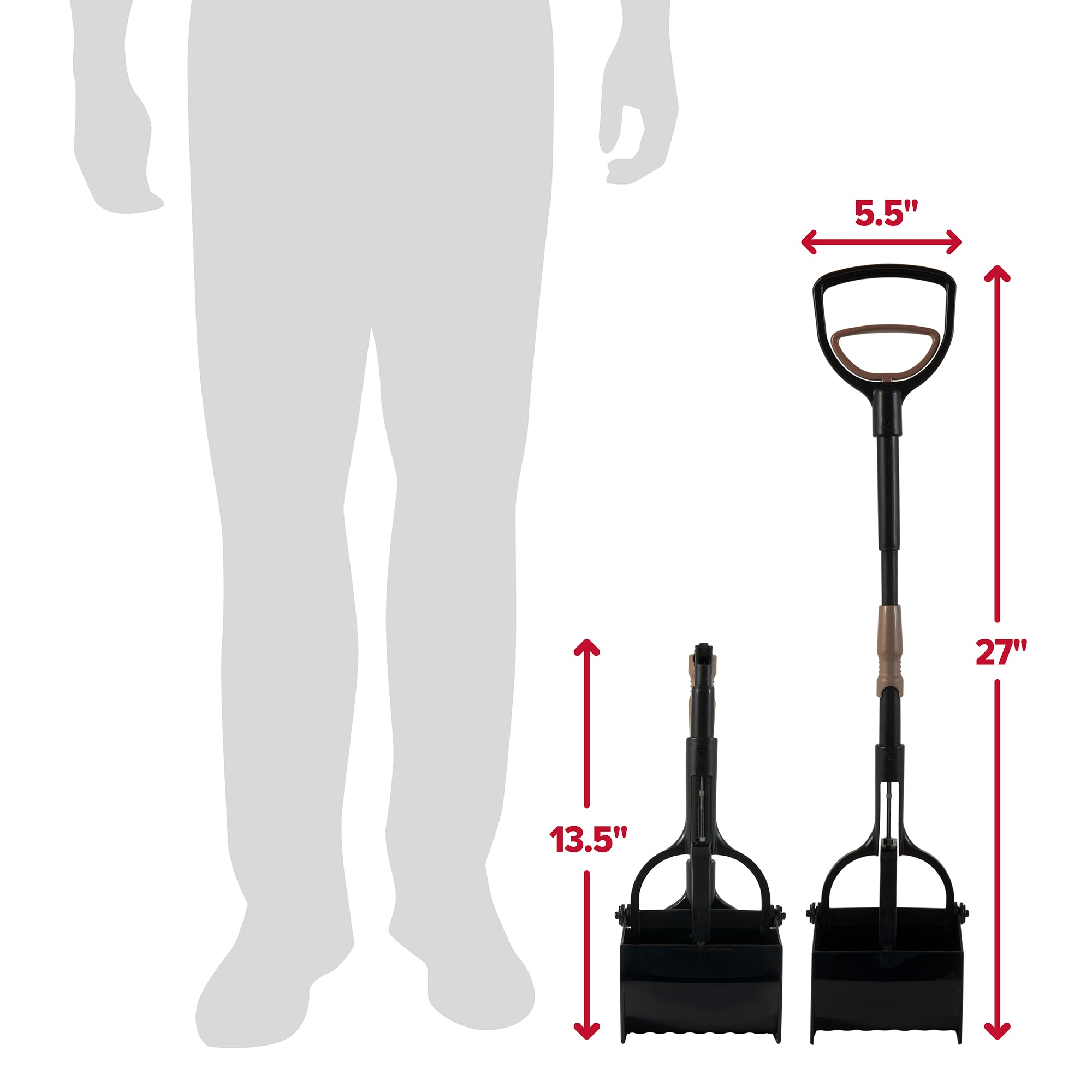 Two Arm & Hammer Claw Poop Scoopers, designed for efficient pet waste clean-up, are shown next to a silhouette for scale. One extends to 27 inches and the other is 13.5 inches tall, both with a handle width of 5.5 inches for easy grip.